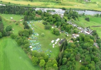 Arial view of an orienteering event in the great outdoors by a river